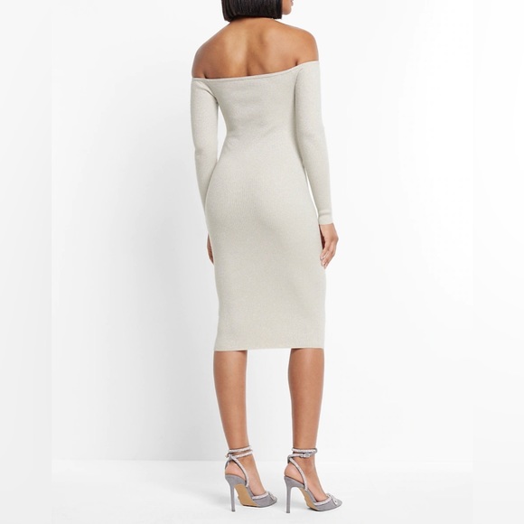 NWT Express Metallic Ribbed Off TheShoulderLong Sleeve V-Wire Midi Sweater Dress - Picture 3 of 3